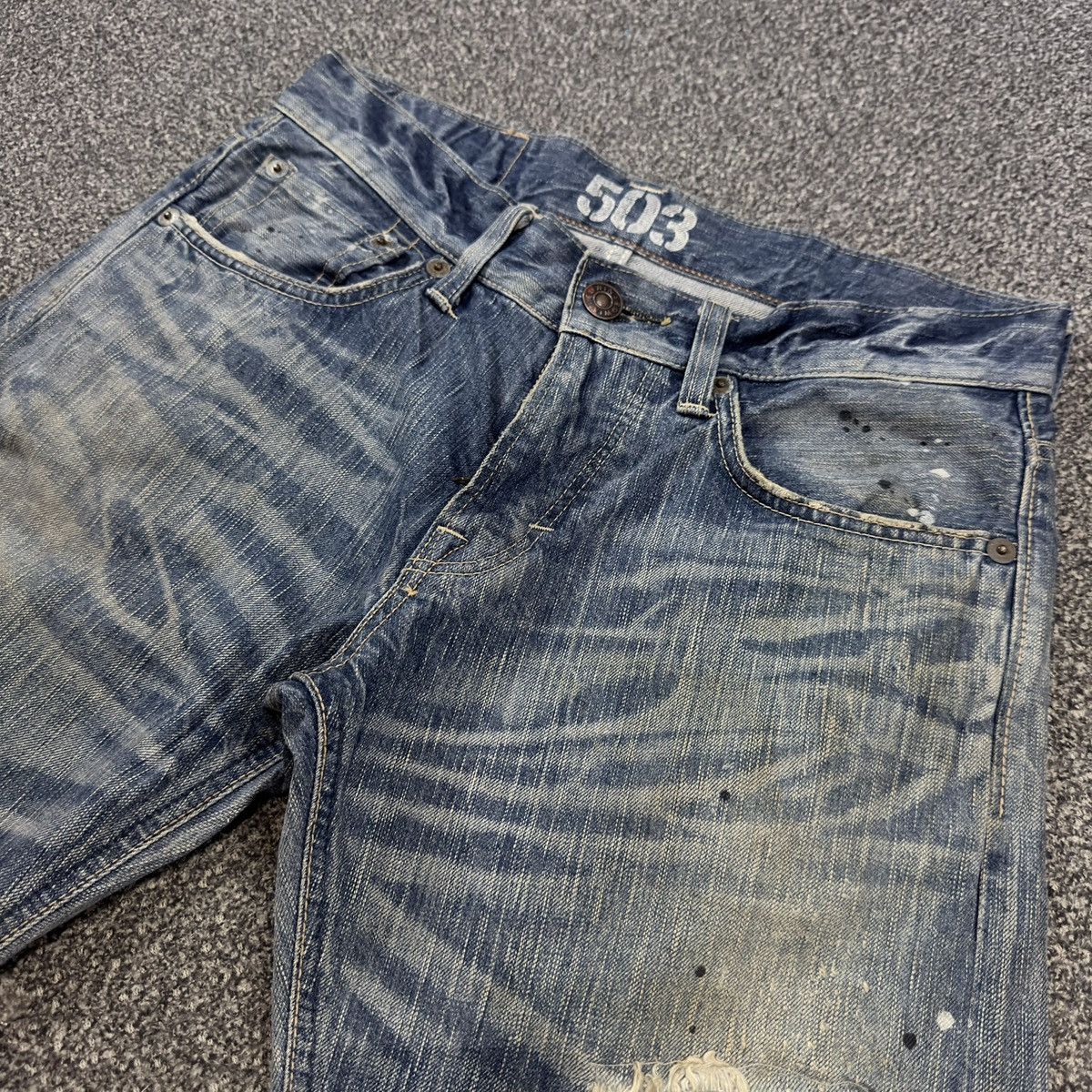 Seditionaries 🇯🇵 Vintage 90s Edwin 503 Blue Trip Distressed Splash Paint Size US 30 / EU 46 - 3 Thumbnail