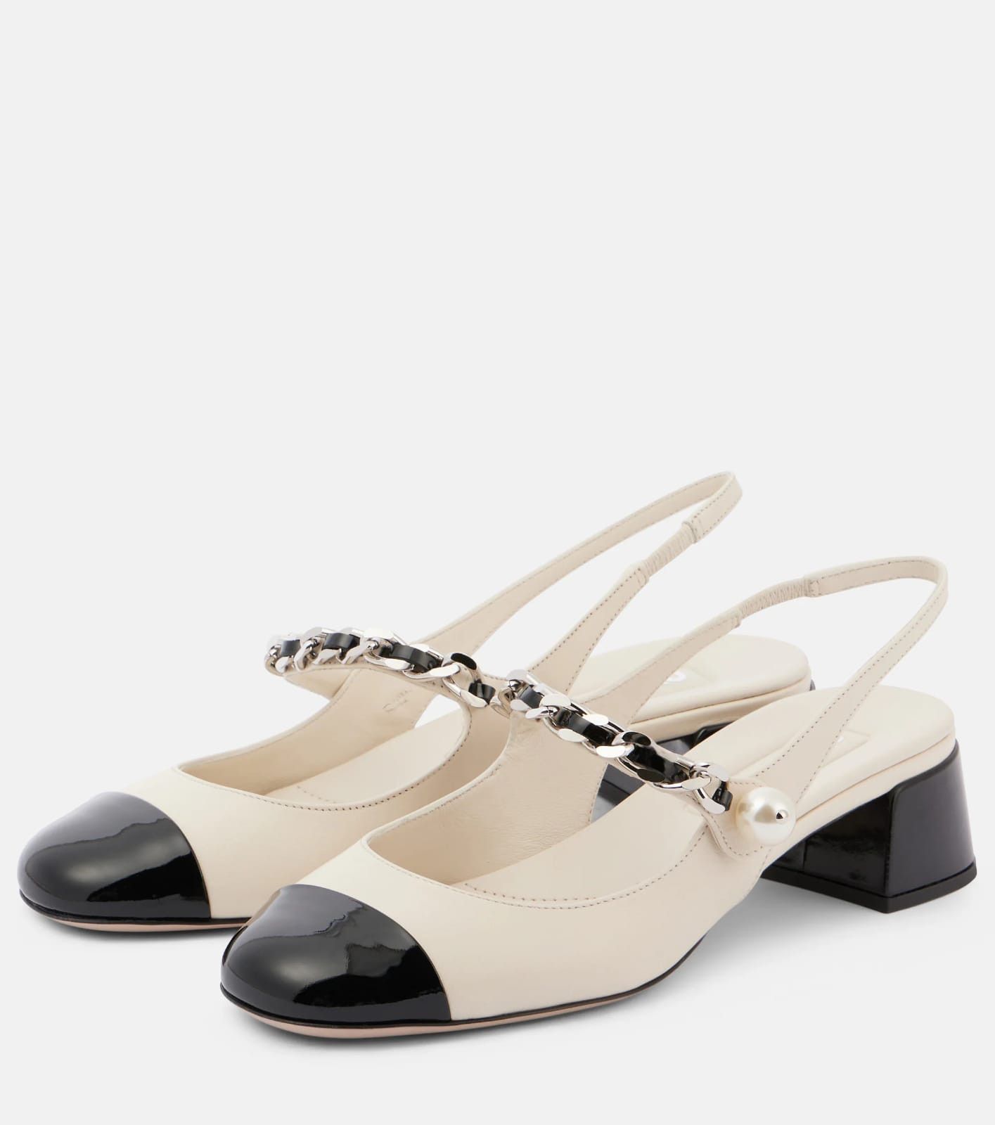 Miu Miu o1B3y1r0526 Embellished Leather Slingback Pumps Ivory/Black Size US 8 / IT 38 - 4 Thumbnail