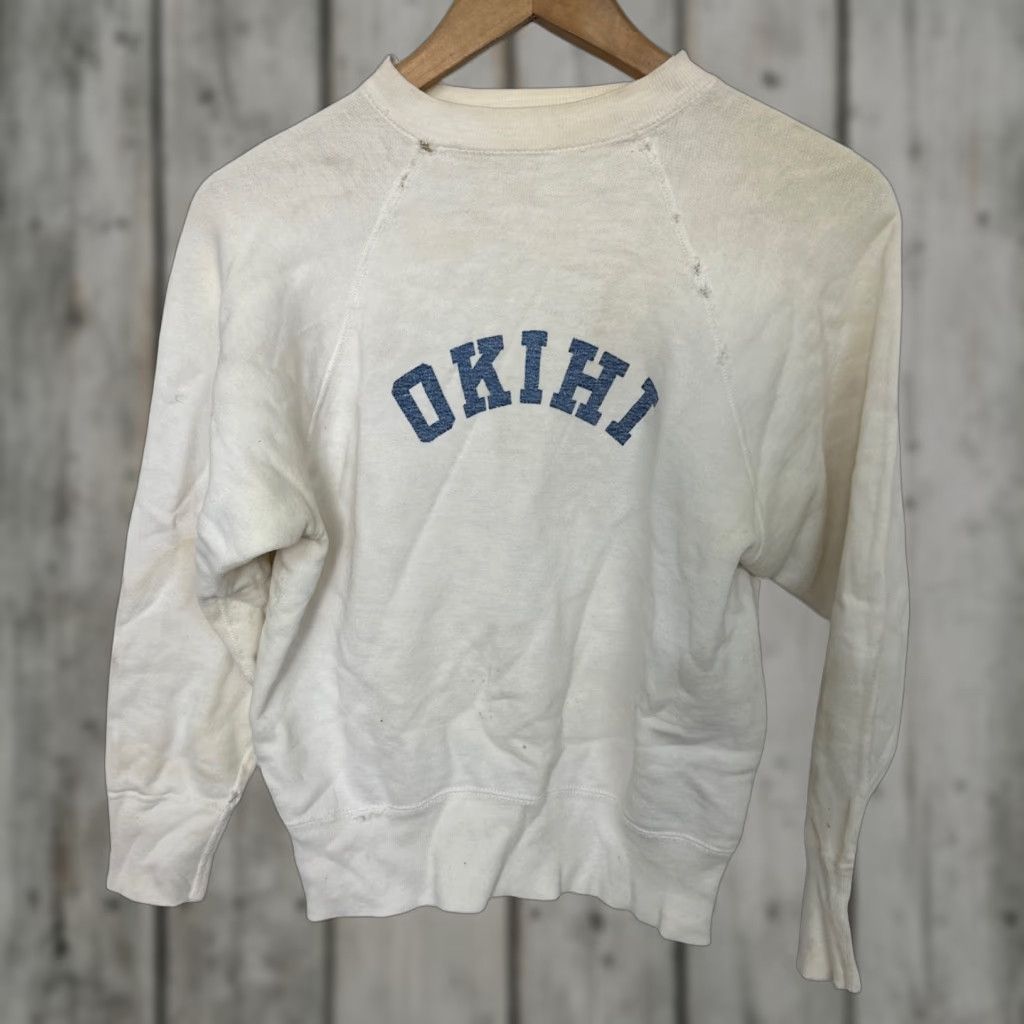 VINTAGE 60’s Okihi California Crewneck Raglan Sweatshirt Size Small Men White Pullover Sweatshirt Small 20in Pit to Pit 22in Collar to Hem