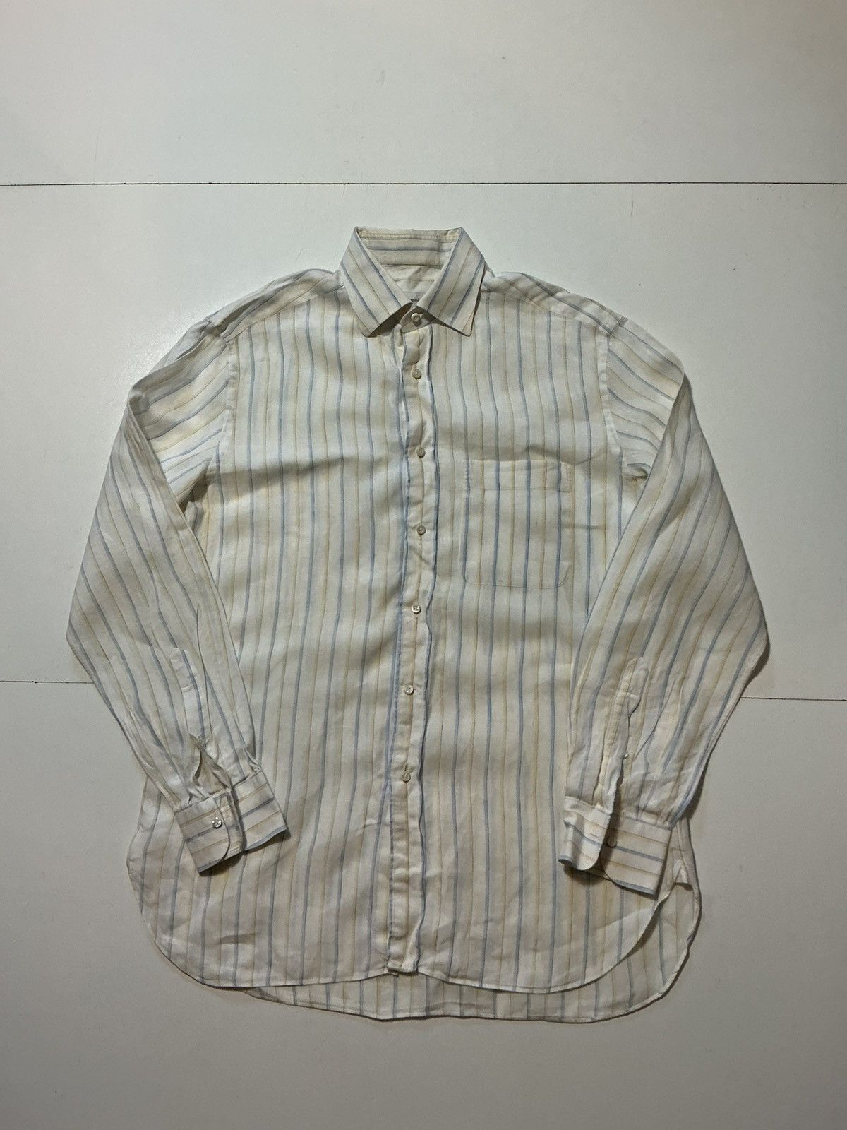 Ermenegildo Zegna Ermenegildo Zegna 100% Linen Striped Pocket Button Shirt Size US M / EU 48-50 / 2 - 1 Thumbnail