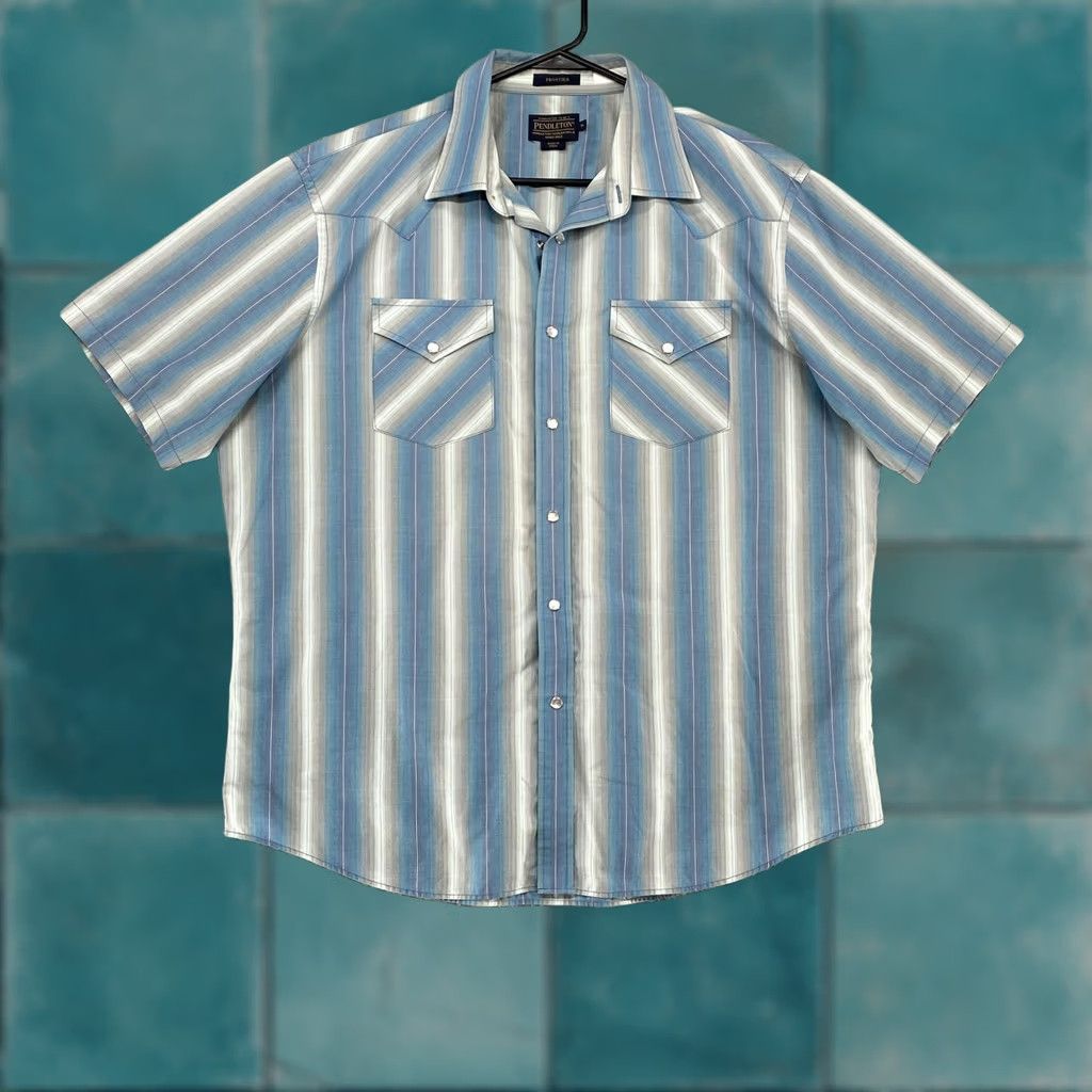 Pendleton Pendleton Frontier Shirt Mens XL Blue Stripe Western Snap Front Short Sleeve Shirt Size US XL / EU 56 / 4 - 1 Thumbnail
