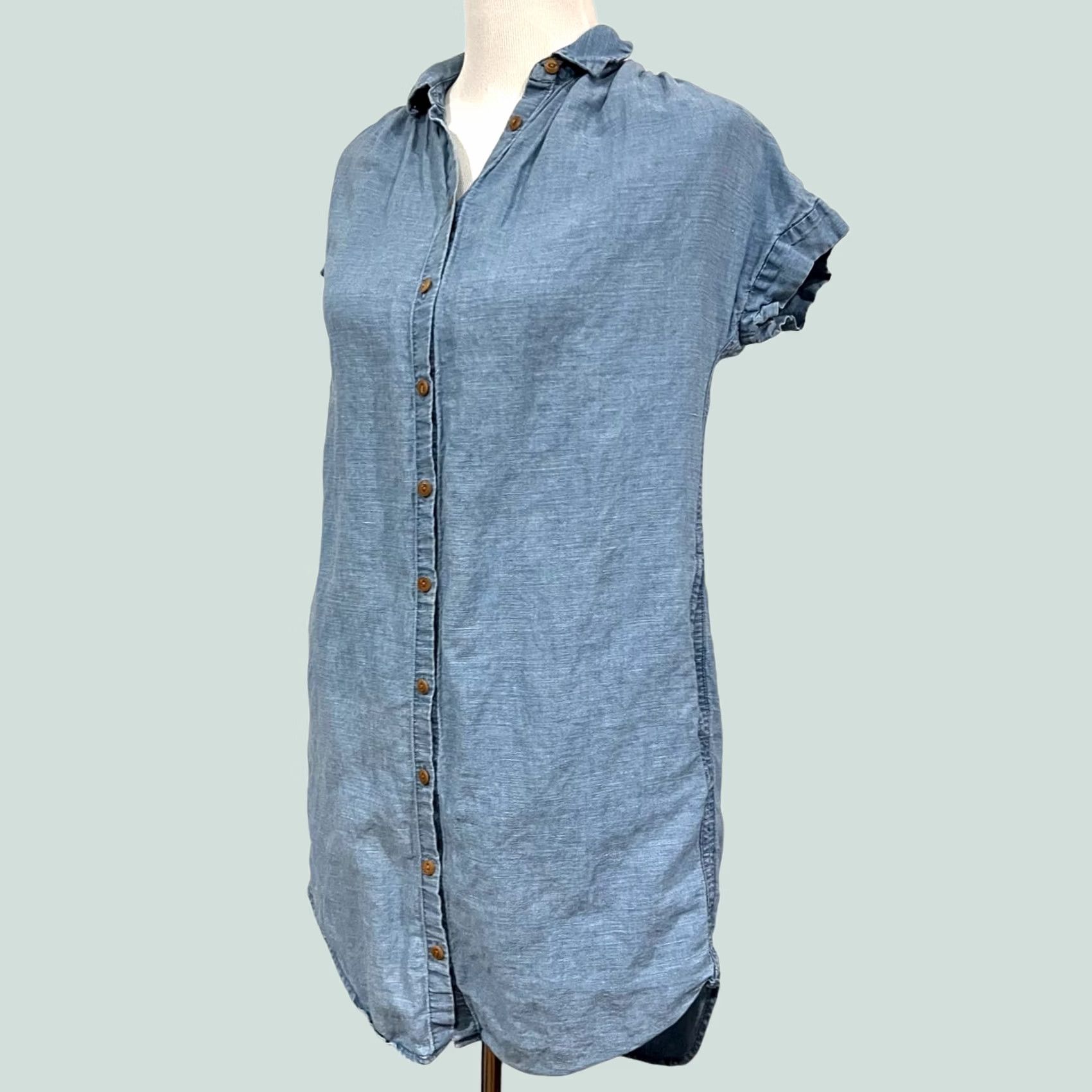 Madewell Madewell Chambray Shirt Dress Denim Linen Cotton Button Front Pockets XS Women Shirt Dress Tunic Short Sleeve Blue Size XS / US 0-2 / IT 36-38 - 1 Thumbnail