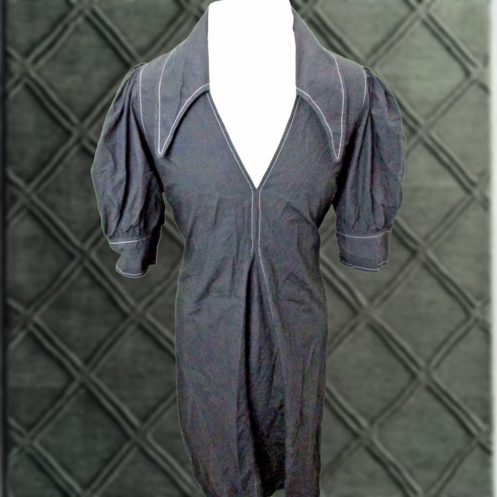 Ganni GANNI Dress Midi Black White Stitching Puff Sleeve V-Neck Pullover Large Women Regular Dress Size L / US 10 / IT 46 - 1 Thumbnail