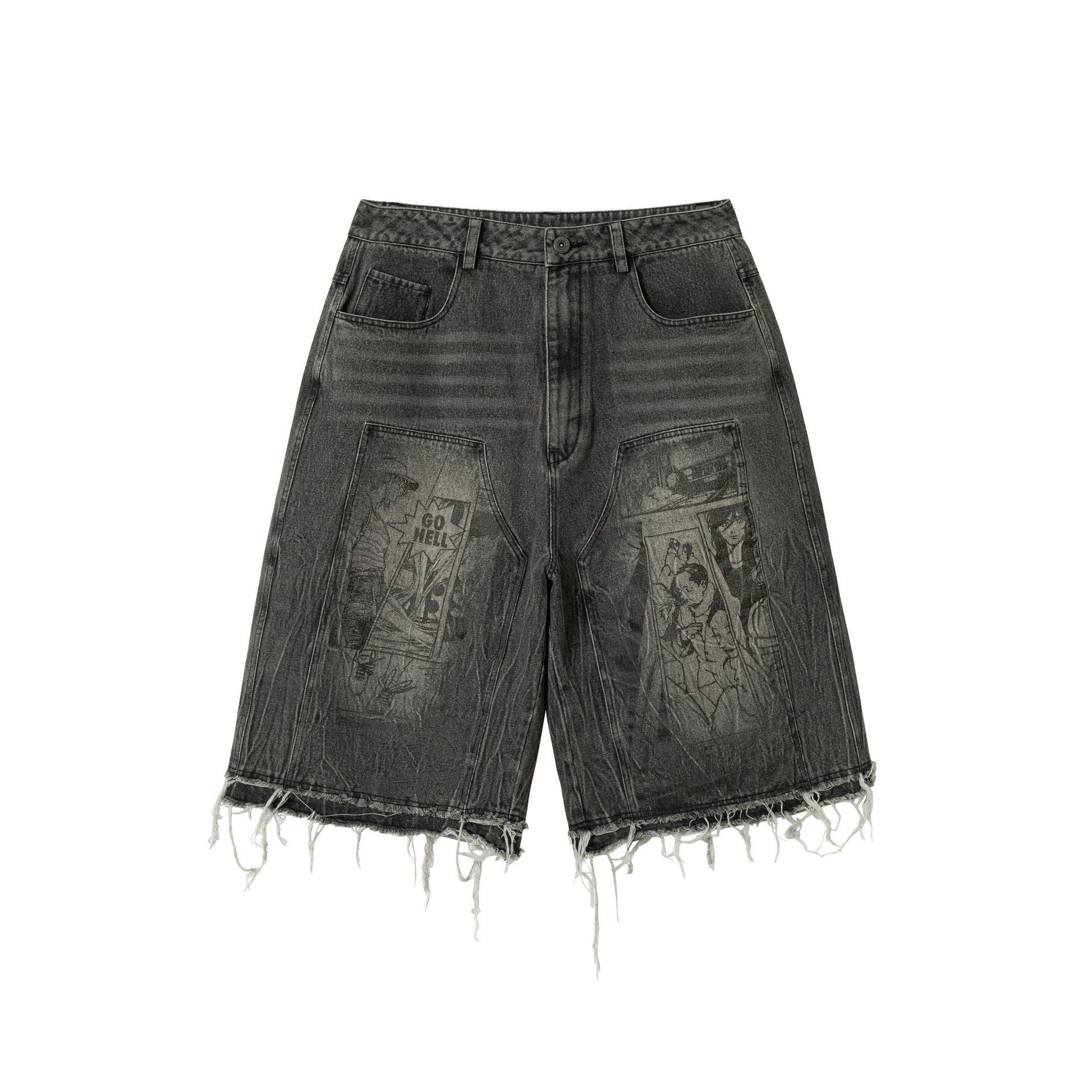 Anime Distressed Tassel Knee Broken Black Short Jeans Size US 32 / EU 48 - 4 Thumbnail