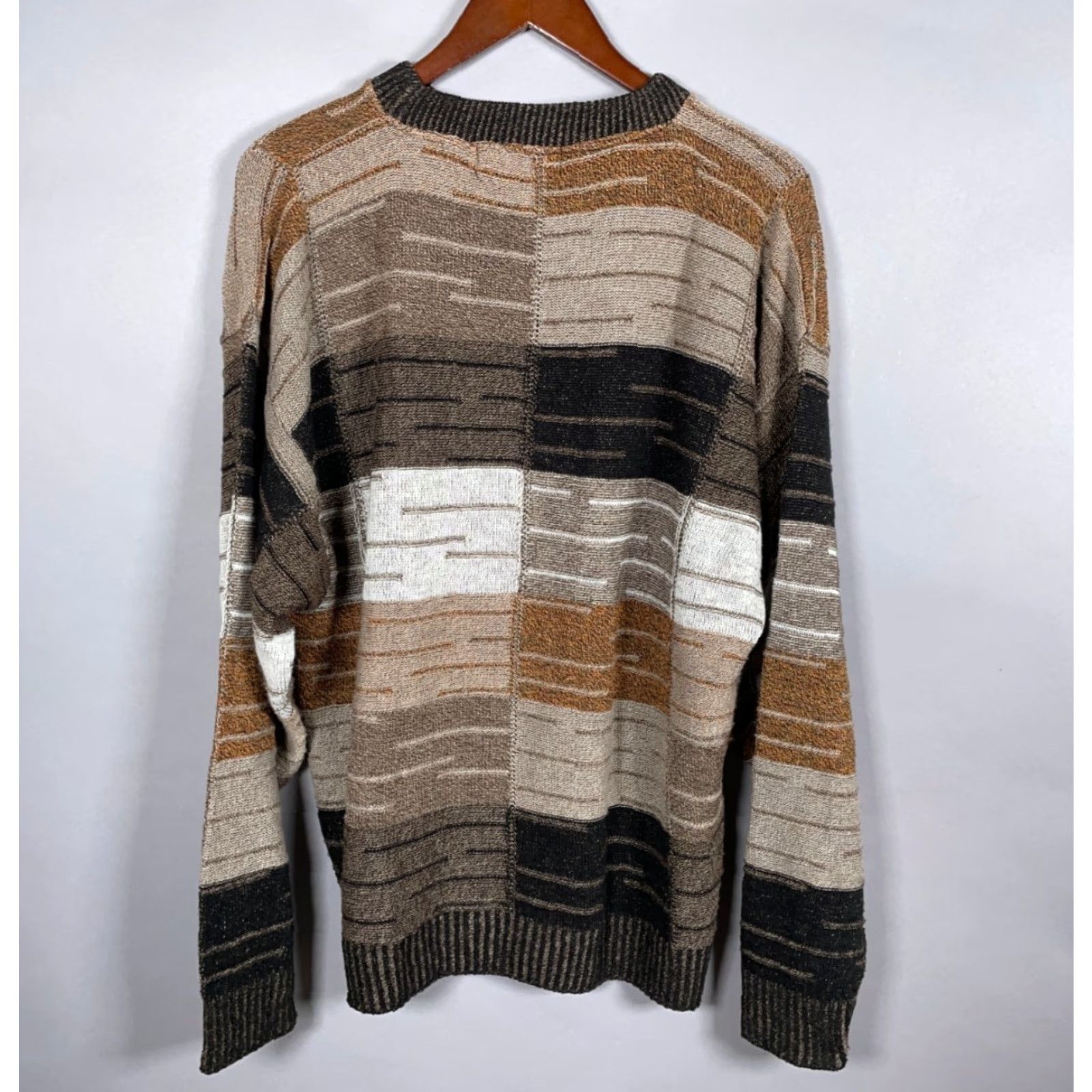 Vintage VINTAGE Alan Stuart Men's Sweater Pullover Chunky-Knit Crew Neck Casual Fall Winter Medium Brown Check Acrylic 80s Retro Size US M / EU 48-50 / 2 - 2 Thumbnail