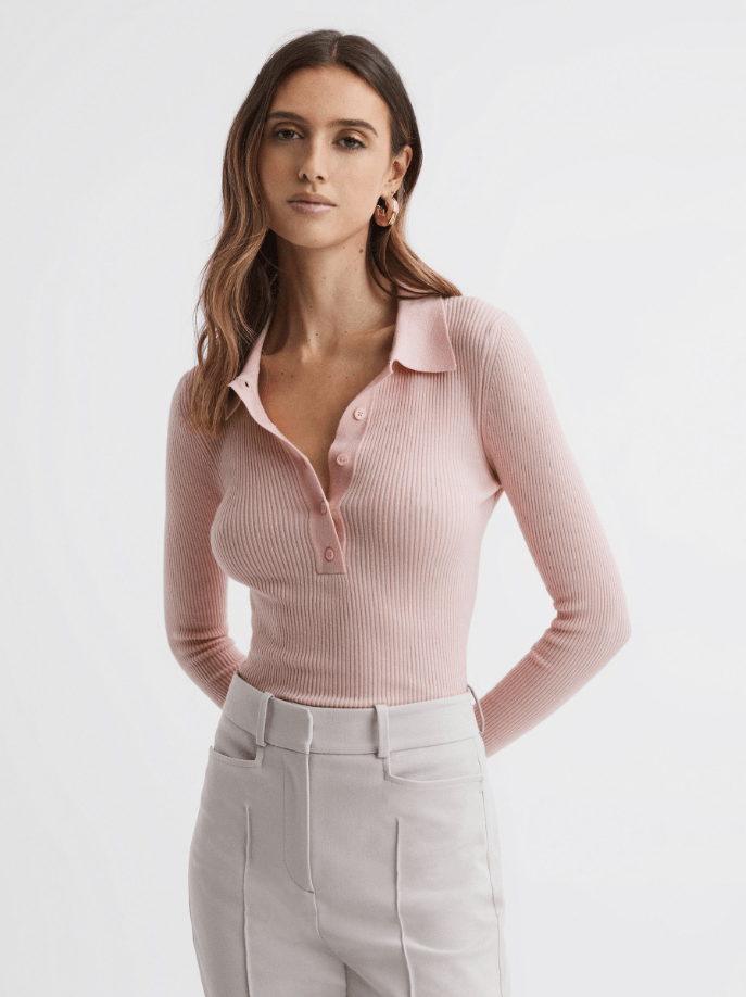 Reiss Reiss Sienna Ribbed Space Wool Polo Shirt in Blush Sweater Size L / US 10 / IT 46 - 1 Thumbnail