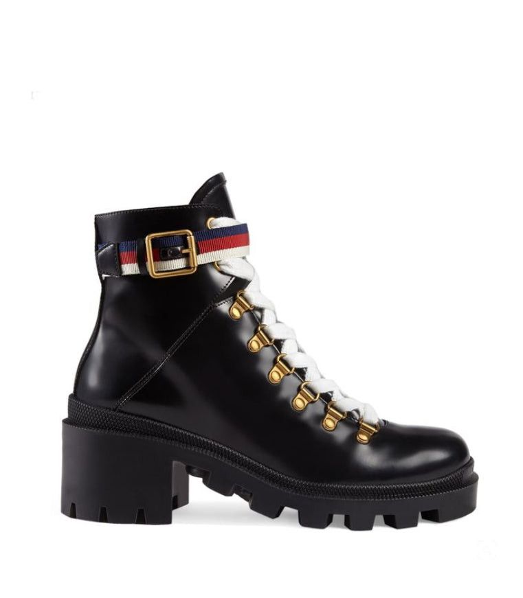 image of Gucci Sylvie Web Leather Ankle Boots Size 41.5 in Black, Women's