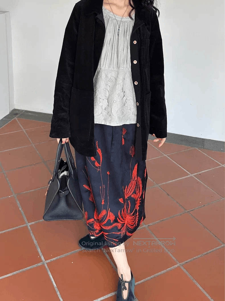Dries Van Noten Dries Van Noten Black and Red Satin Embroidered Skirt Size 35" - 1 Thumbnail