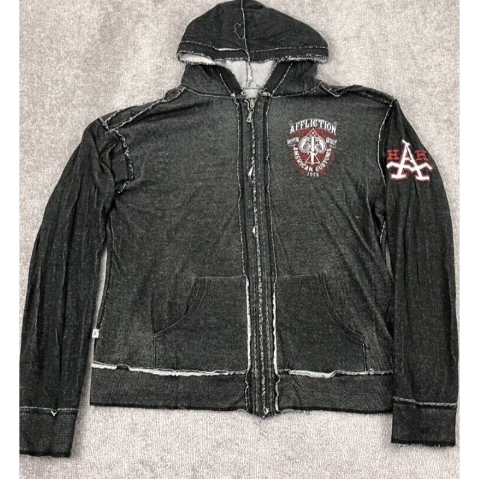 Affliction VINTAGE AFFLICTION Jacket Mens 3XL Gray Reversible Hooded Grunge Skull AOP Distress Y2K Size US XXL / EU 58 / 5 - 2 Thumbnail