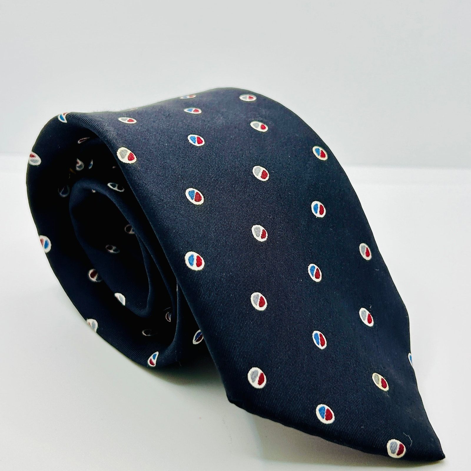 Lanvin Vintage 80s Paris Navy Blue Red Polka Dot Silk Skinny Tie Size ONE SIZE - 1 Thumbnail