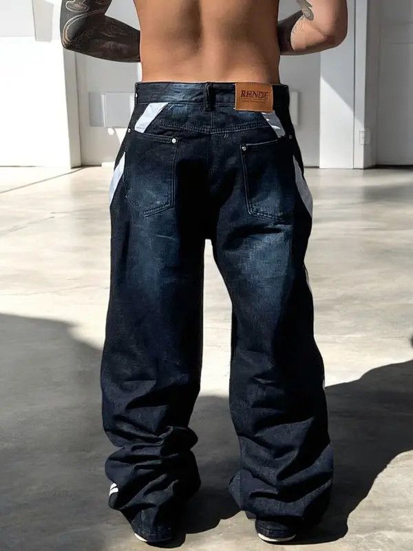VIBE Blue Wide Leg Stripe Patchwork Denim Jeans, Oversized Jeans Size US 30 / EU 46 - 4 Thumbnail