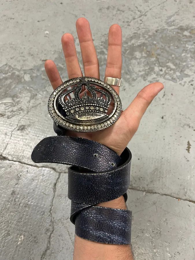 Designer × Roberto Cavalli × Vintage 2000s Cavalli Pave Crown Buckle Blue Aura Leather Belt Size ONE SIZE - 2 Thumbnail