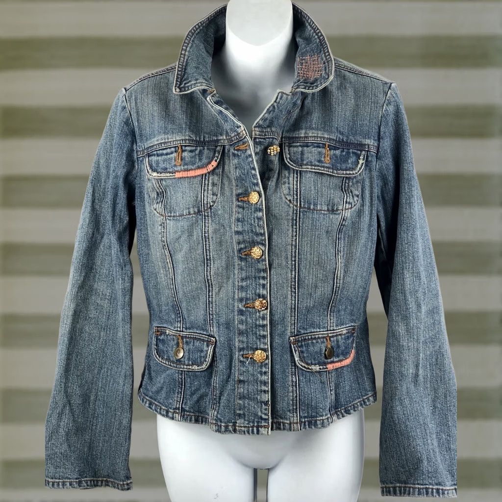 Denime Vintage Denim Jacket M Blue Jean Peach Bead Satin Patchwork Tapestry boho Hippie Size 32" / US 10 / IT 46 - 1 Thumbnail
