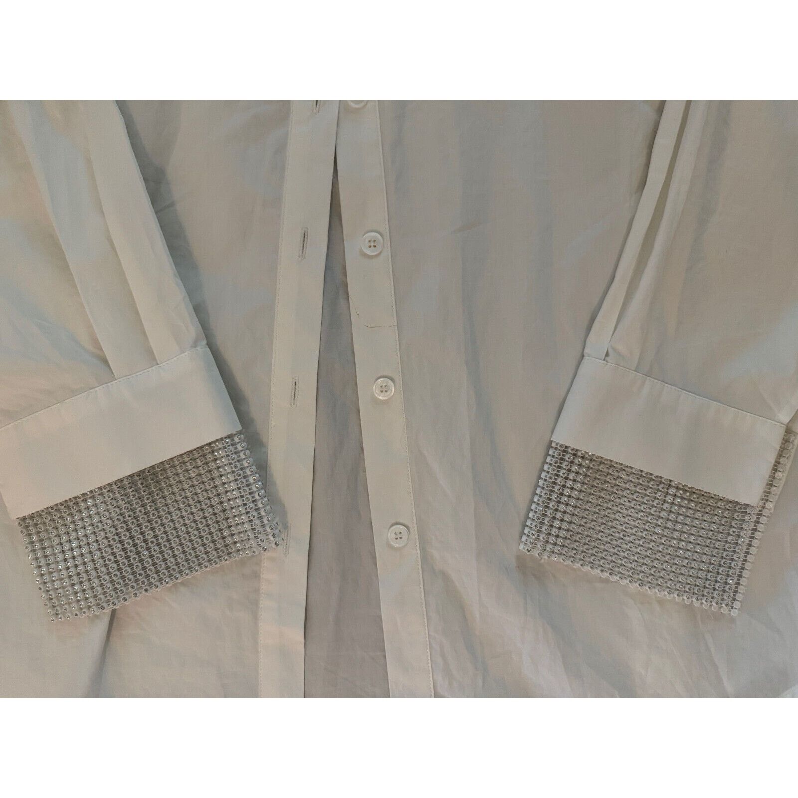 Celine CELINE POPLIN WHITE EMBELLISHED CUFFS MINI SHIRT DRESS SZ L Size L / US 10 / IT 46 - 2 Thumbnail