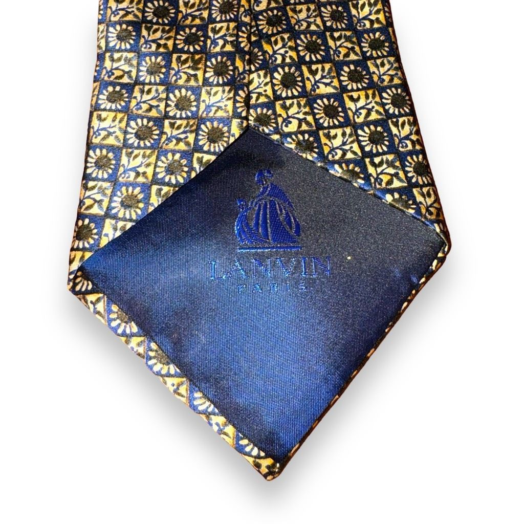 Lanvin Lanvin Navy & Gold Flower Checkerboard Handmade 100% Silk Ti Size ONE SIZE - 4 Thumbnail