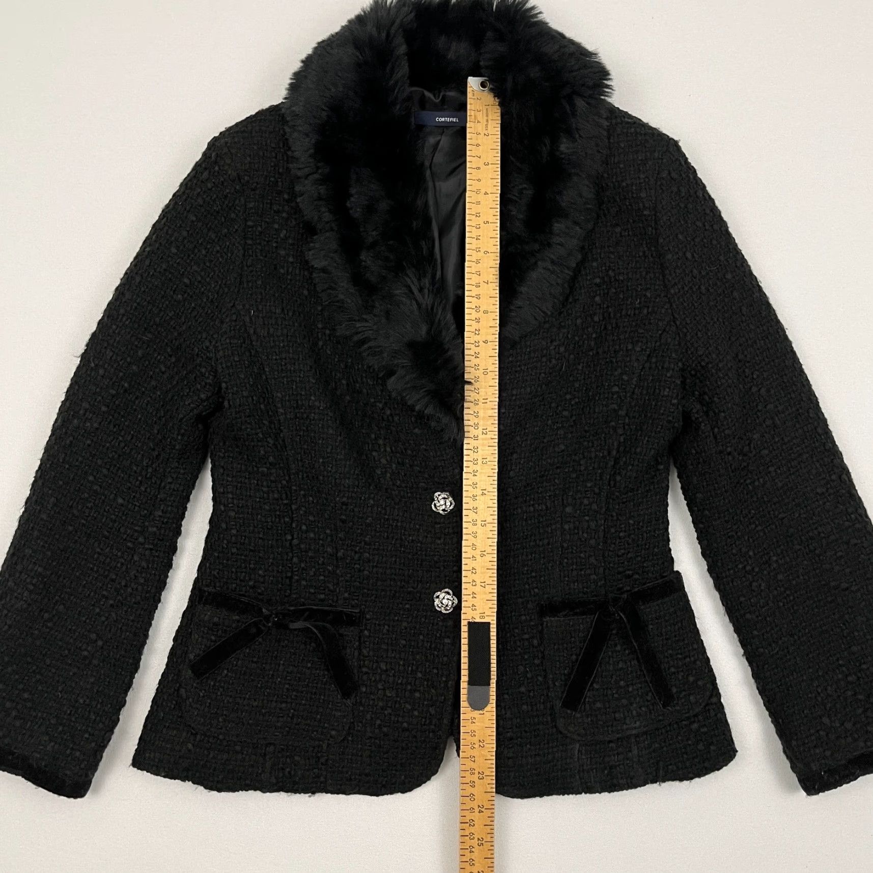 Vintage Cortefiel Jacket Womens 46 Black Tweed Wool Faux Fur Shawl Accent Bow Evening Chic Y2K Size S / US 4 / IT 40 - 4 Thumbnail