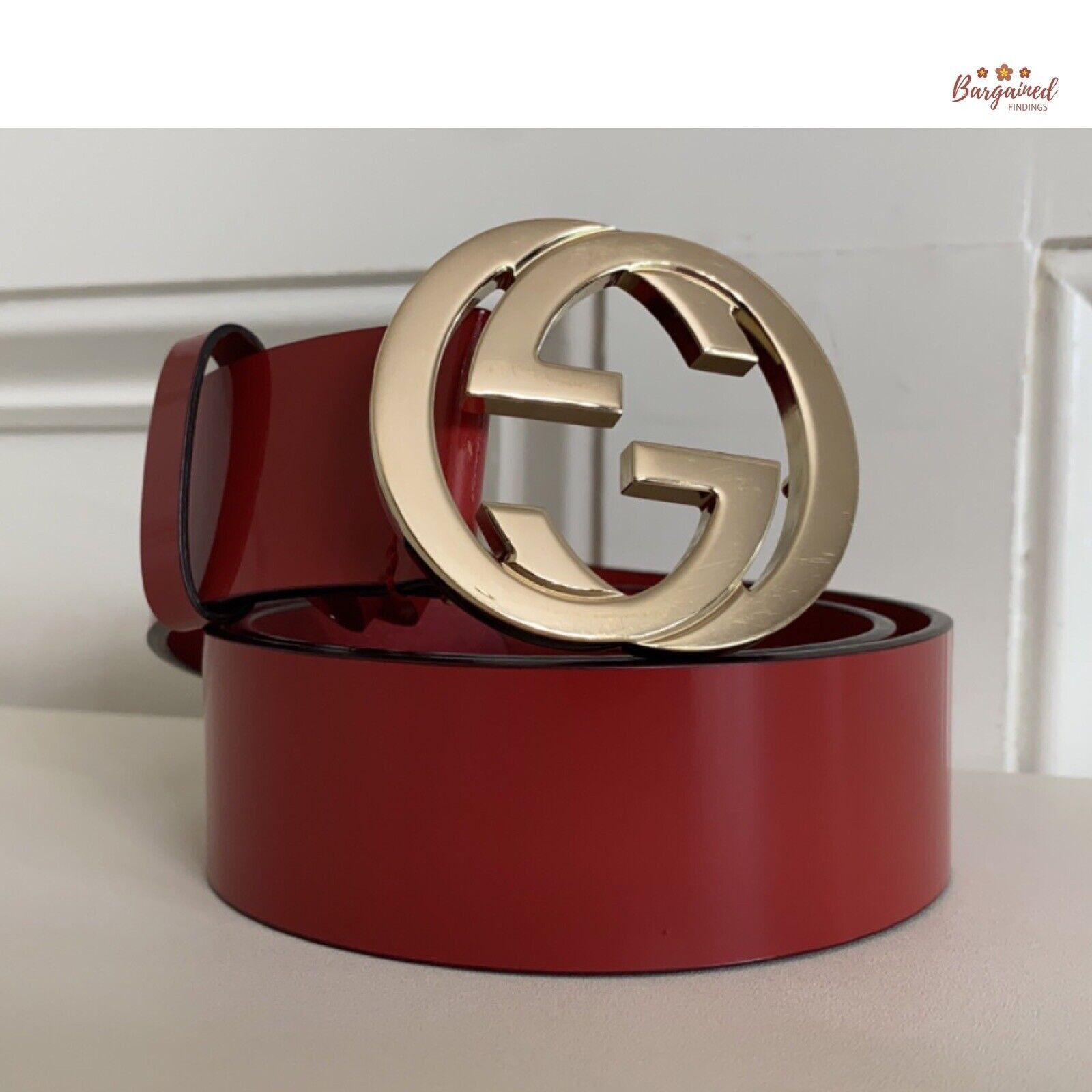 Gucci GUCCI Red Glossy Leather Gold Interlocking G Buckle Belt Size ONE SIZE - 1 Thumbnail