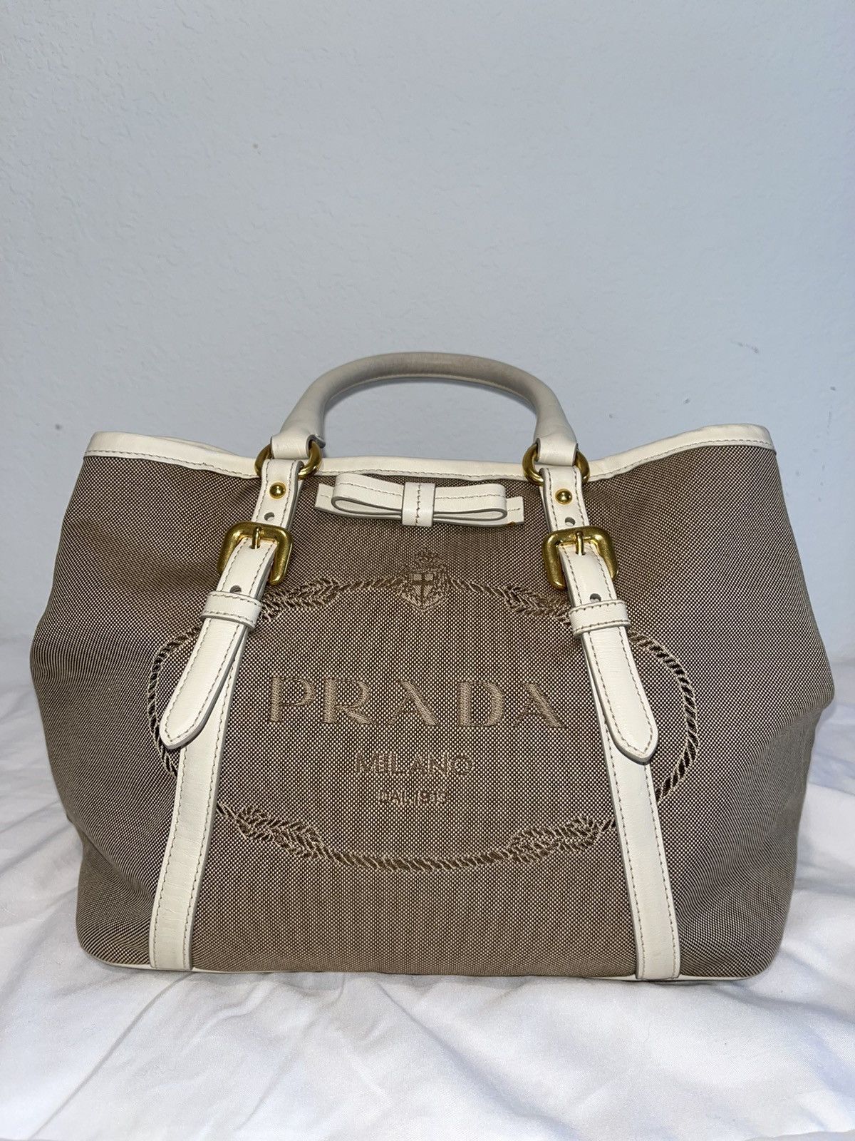 Prada PRADA Tote Bag Logo Jacquard Ribbon Canvas Leather Size ONE SIZE - 1 Thumbnail