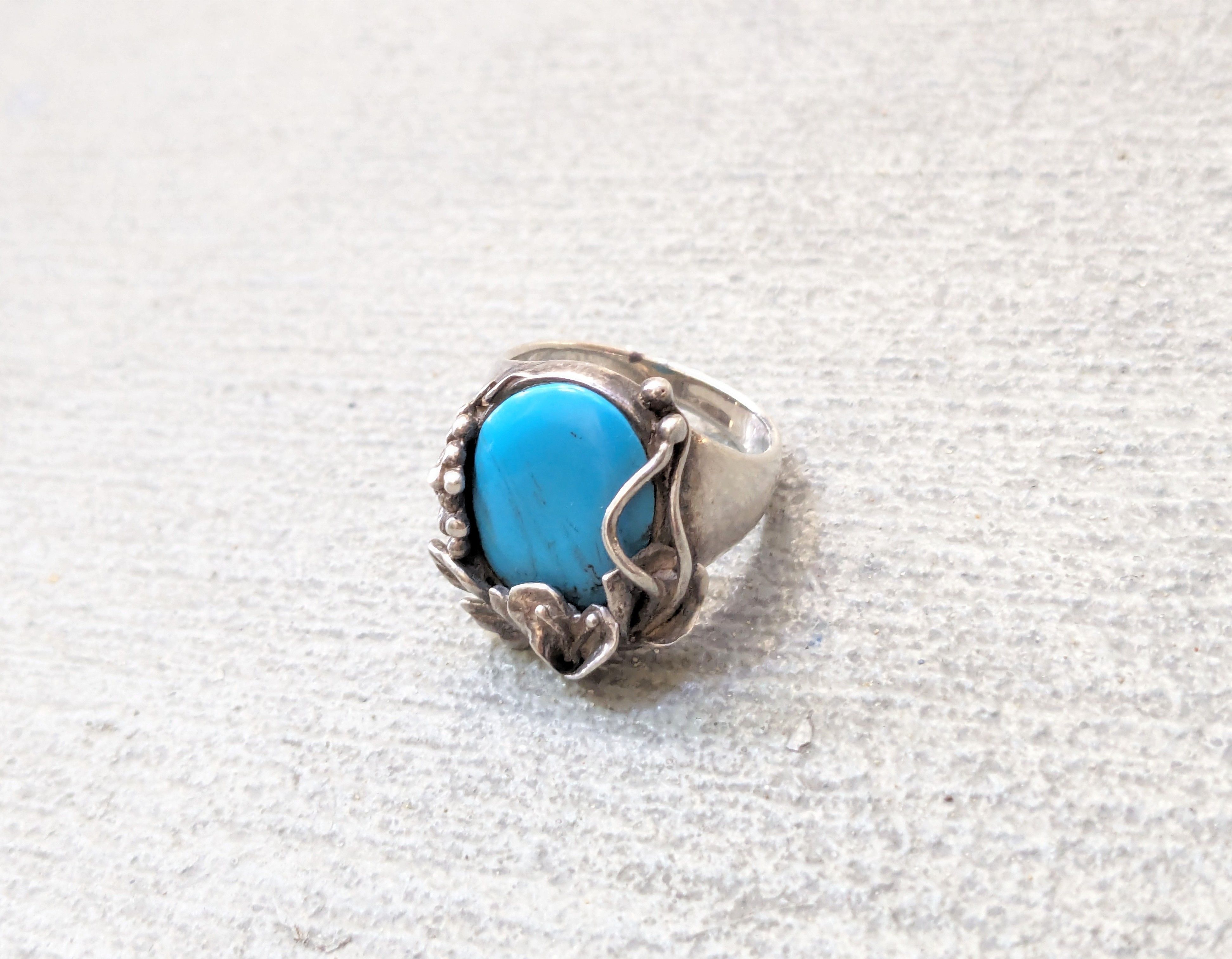 Jewelry Vintage Sterling Silver Ring 8 Faux Turquoise Leaf Modern Size ONE SIZE - 2 Thumbnail