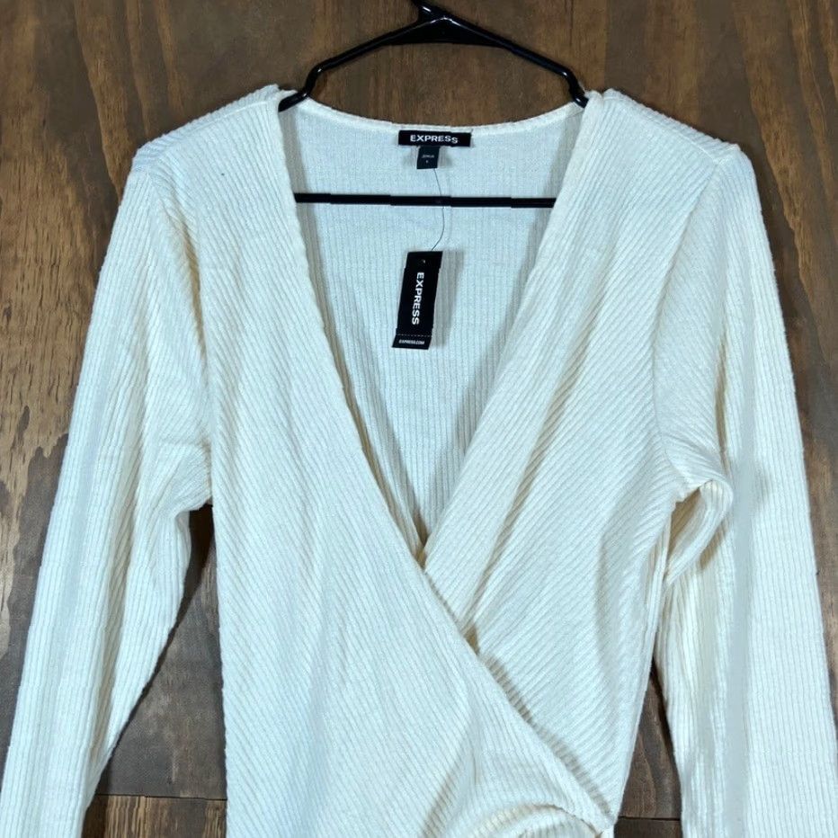 Express Express Sweater Women Cream Deep V Wrap Tie Waist Long Sleeve Knit Stretch L Size L / US 10 / IT 46 - 2 Thumbnail