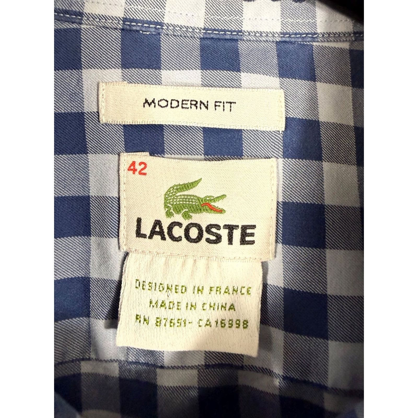 Lacoste Lacoste Shirt Mens Medium 42 Blue White Checked Modern Fit Button-Up Long Sleeve Size US M / EU 48-50 / 2 - 6 Thumbnail