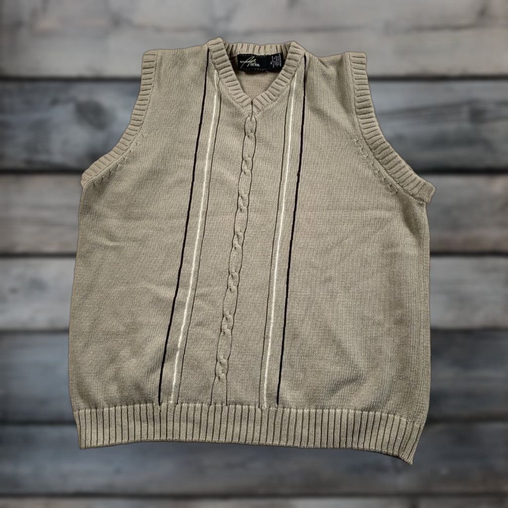 Bill Blass VINTAGE Bill Blass Vest Adult XL Beige Striped Chunky Knit Cotton V-Neck Size US XL / EU 56 / 4 - 1 Thumbnail