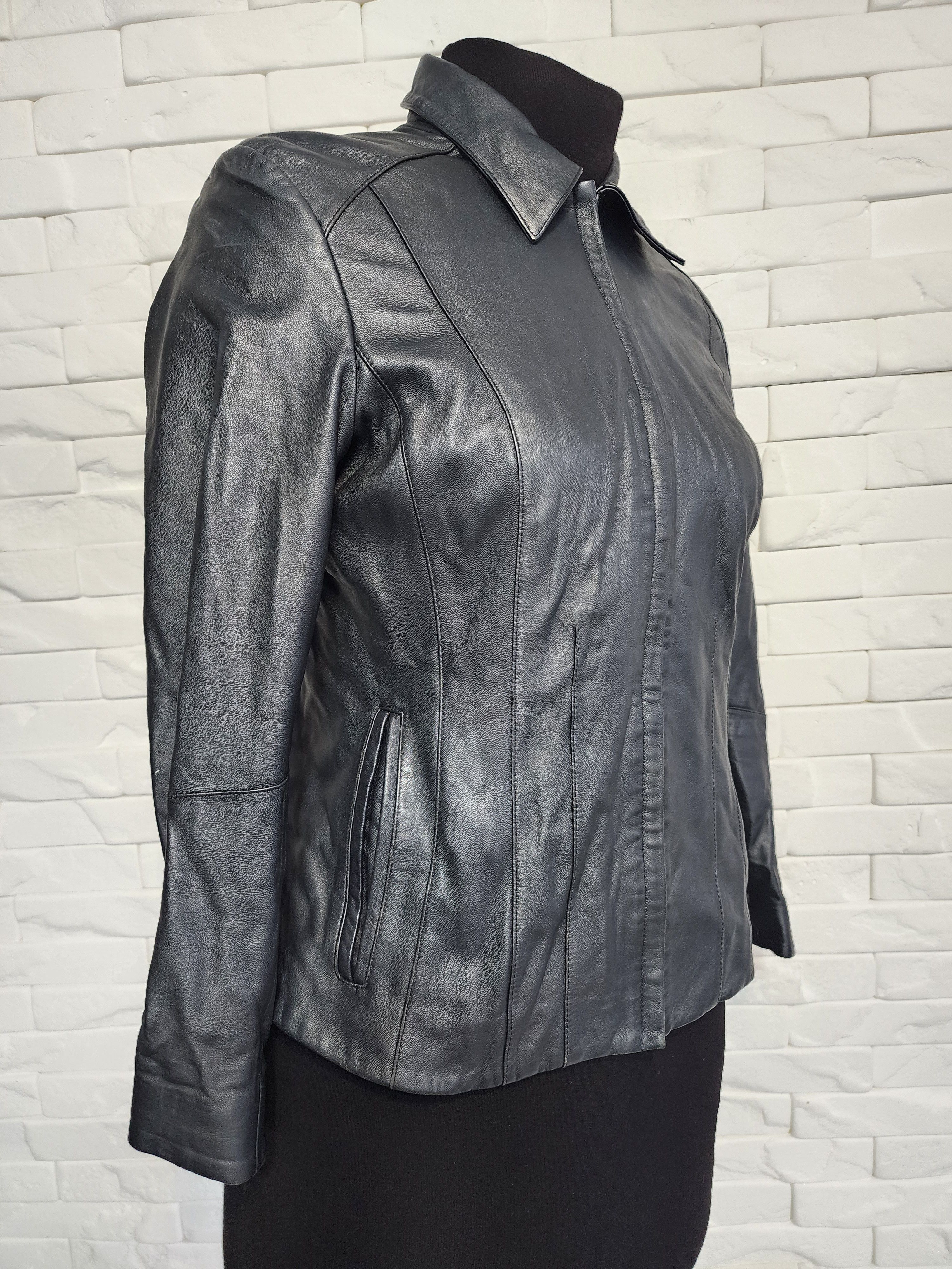 Marks & Spencer Gray Leather Jacket: Women's Sport Jacket with Metal Zipper Size M / US 6-8 / IT 42-44 - 3 Thumbnail