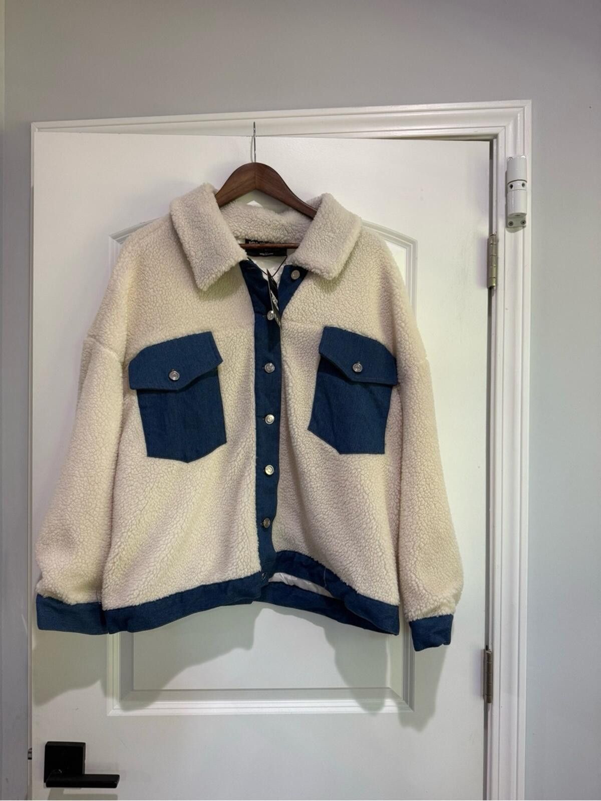 Other Cream Sherpa Teddy Jacket with Blue Denim Accents Size XL / US 12-14 / IT 48-50 - 3 Thumbnail