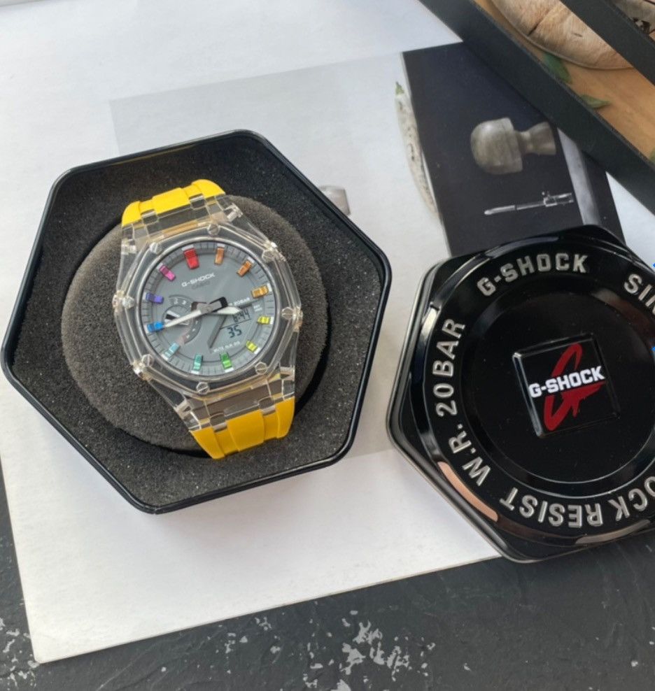 G Shock Casio G-Shock Grey Rainbow Dial Transparent Yellow Strap | Grailed