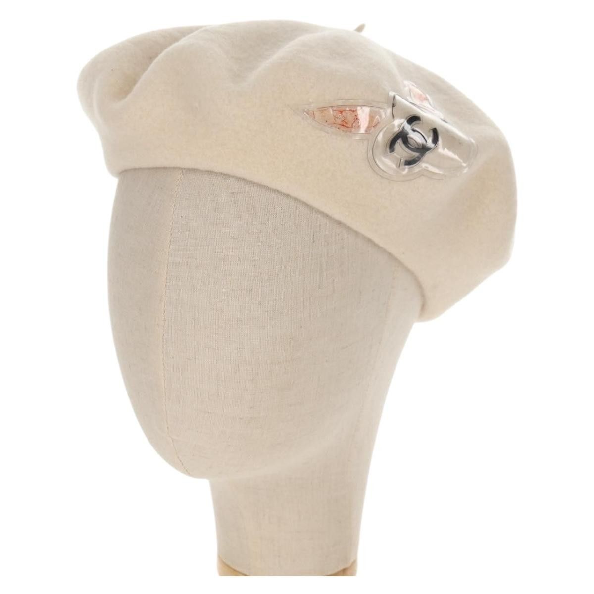 Chanel Camellia Beret Cap Wool Cream CC