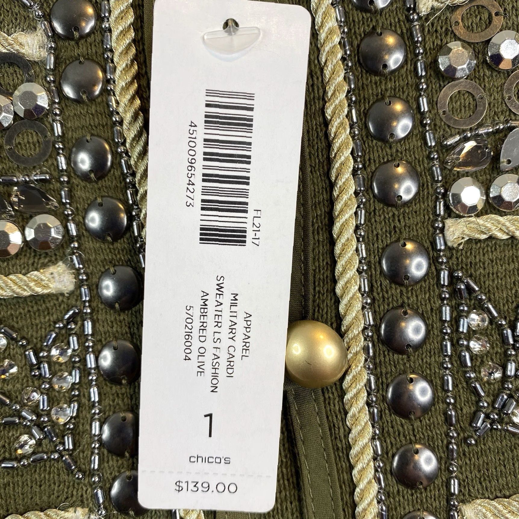 Vintage Chicos Cardigan Sweater 1 M 8/10 Olive Green Beaded Studded 3/4 Sleeve NWT Women's Knit 100% Cotton Button Up High Neck Modern Classic Size M / US 6-8 / IT 42-44 - 4 Thumbnail