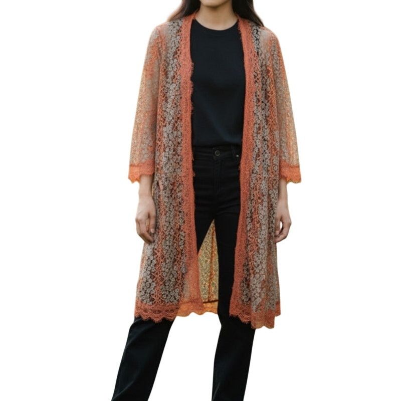 Other Paisley Vine Orange Blue Floral Lace Fabric Long Cardigan Size S / US 4 / IT 40 - 1 Thumbnail
