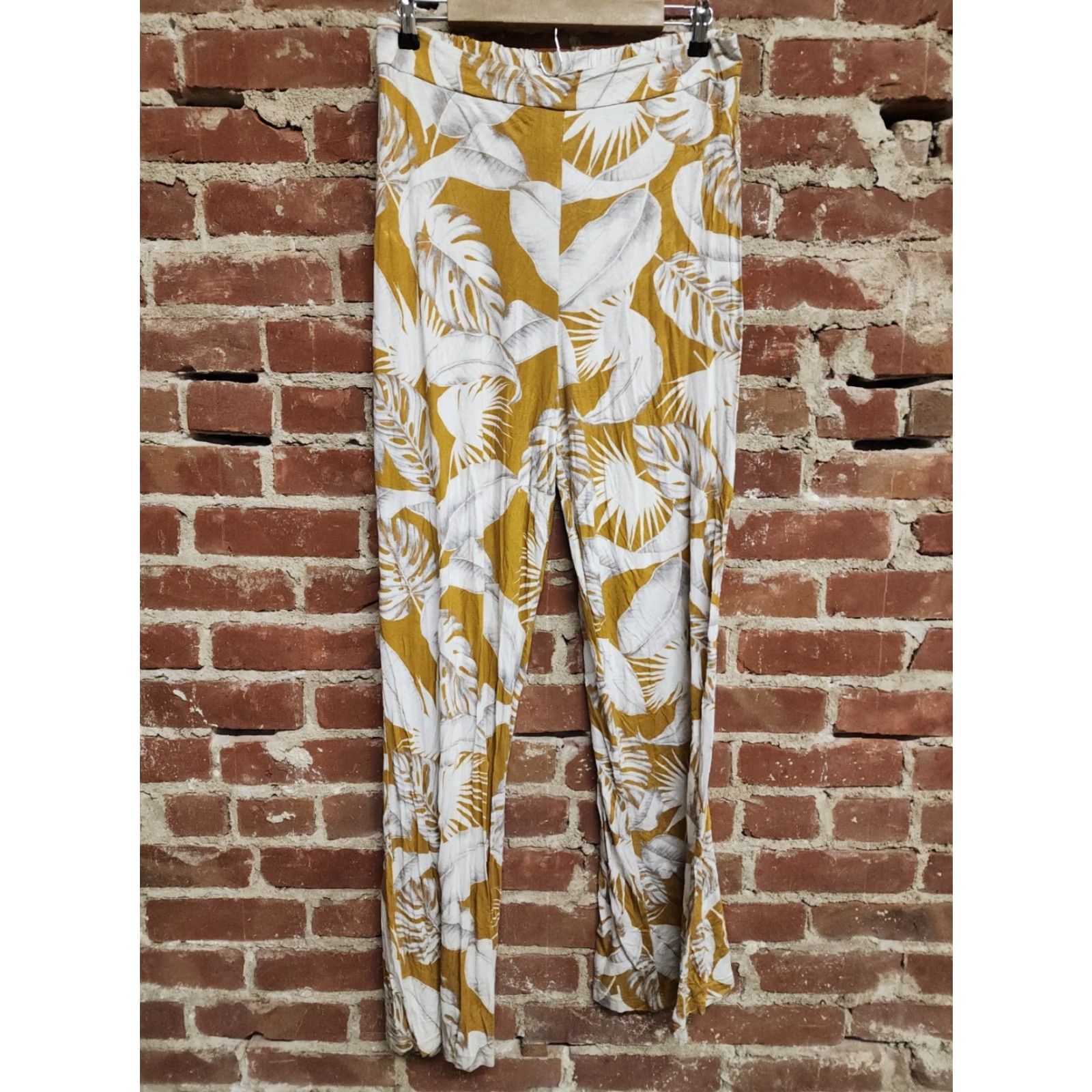 Asos ASOS Womens Yellow Mustard Floral Leaves High Waisted 12 Pants Elastic Waist Womens 12 Yellow/White Floral Rise High Size ONE SIZE - 2 Thumbnail