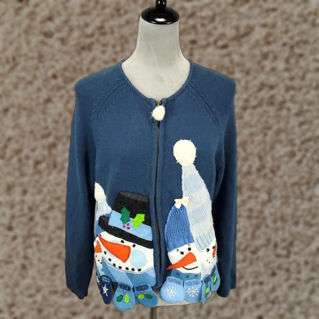Vintage VINTAGE Tiara Sweater Cardigan Women’s Adult Petite Large Blue Beaded Embroidered Christmas 90s Holiday Knit Womens Size L / US 10 / IT 46 - 1 Thumbnail