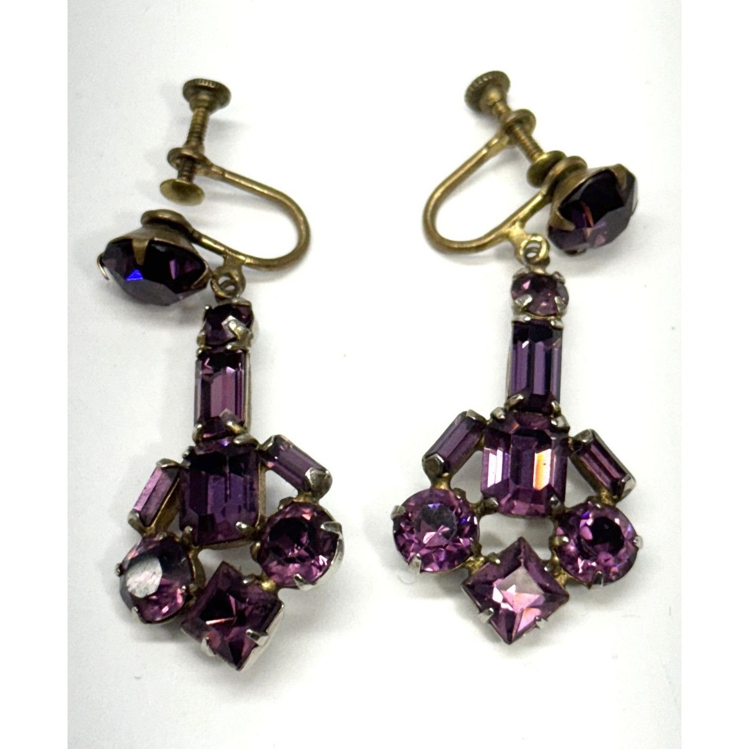 Vintage Vintage purple glass rhinestone dangle drop screw back earri ...