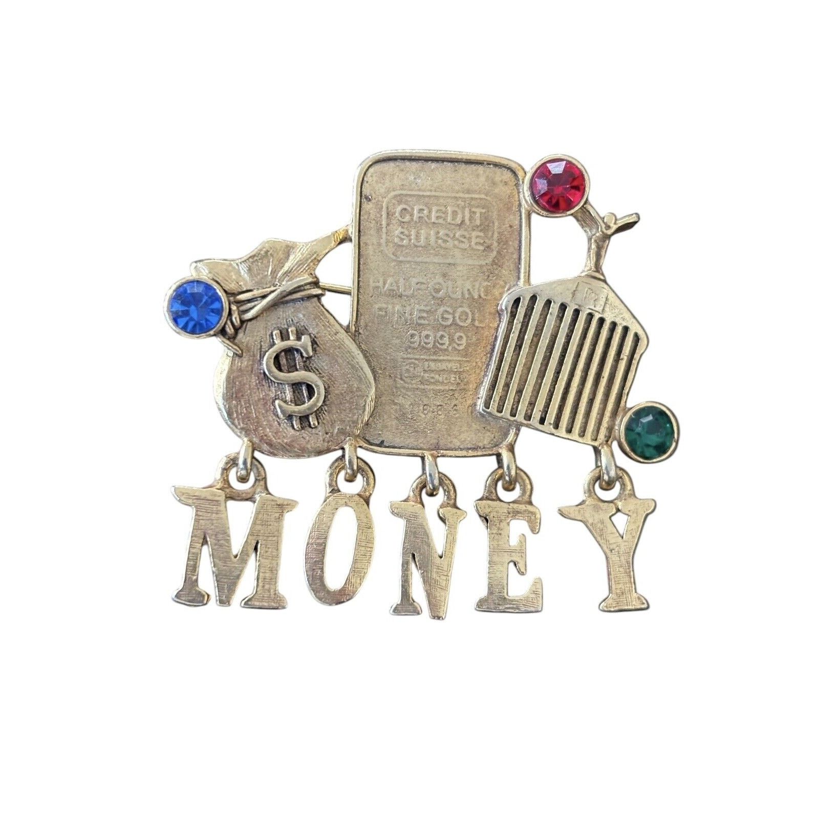 Other MONEY BAGS DANGLE BROOCH Gold Tone RHINESTONE Gambling Size ONE SIZE - 3 Thumbnail
