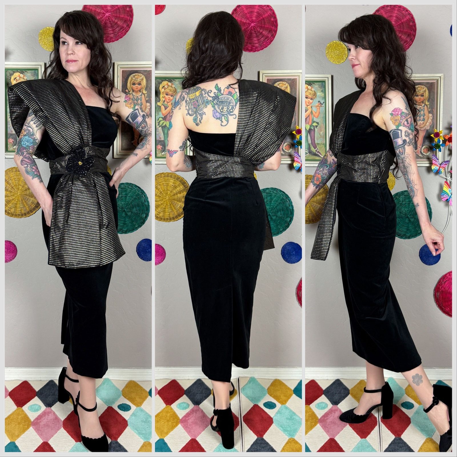 Vintage 1980s Black Velvet Gold Striped Bow One Shoulder Dress Size XS / US 0-2 / IT 36-38 - 2 Thumbnail