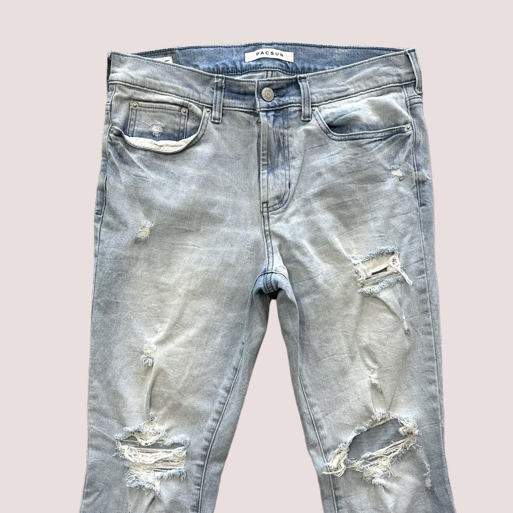 Pacsun Pacsun Jeans Mens 31x30 Slim Skinny Stretch Denim Light Wash Distressed Blue Jeans Mens 31 Regular Cotton Spandex 5-Pocket Denim Size US 31 - 1 Thumbnail