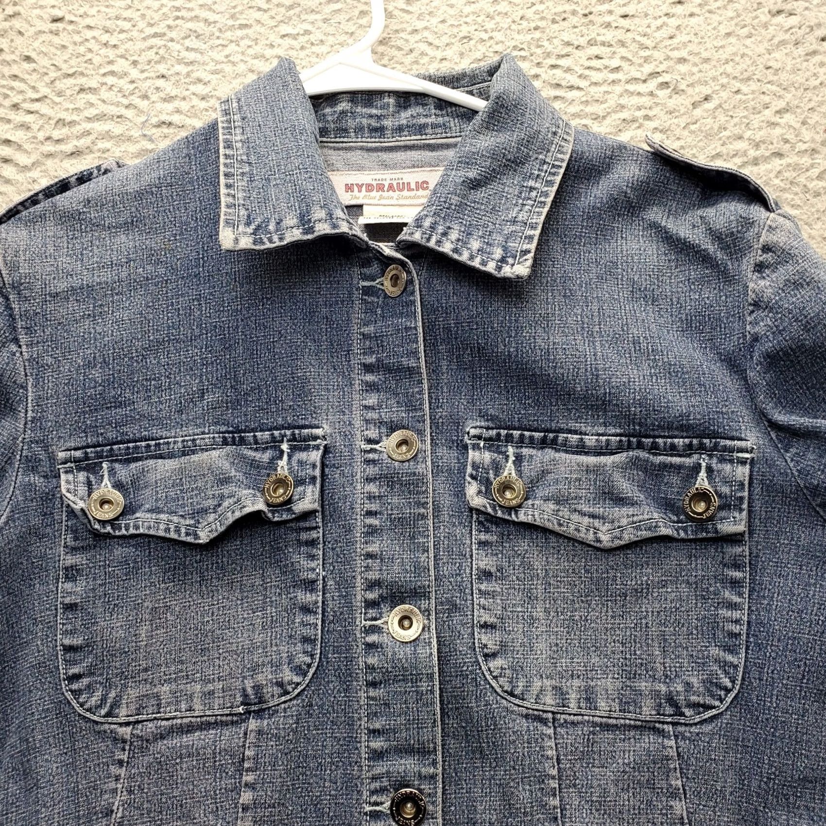 Denime HYDRAULIC Denim Trucker Jacket Womens M Blue Stretch Cinch Waist Button Front Jacket Size M / US 6-8 / IT 42-44 - 6 Thumbnail