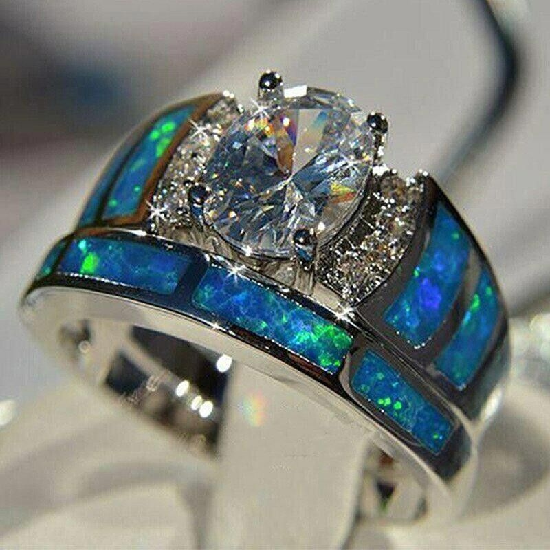 Designer 2pcs Blue Opal Epoxy Zircon Inlaid Silver Ring Set - Size 6 Size ONE SIZE - 9 Thumbnail