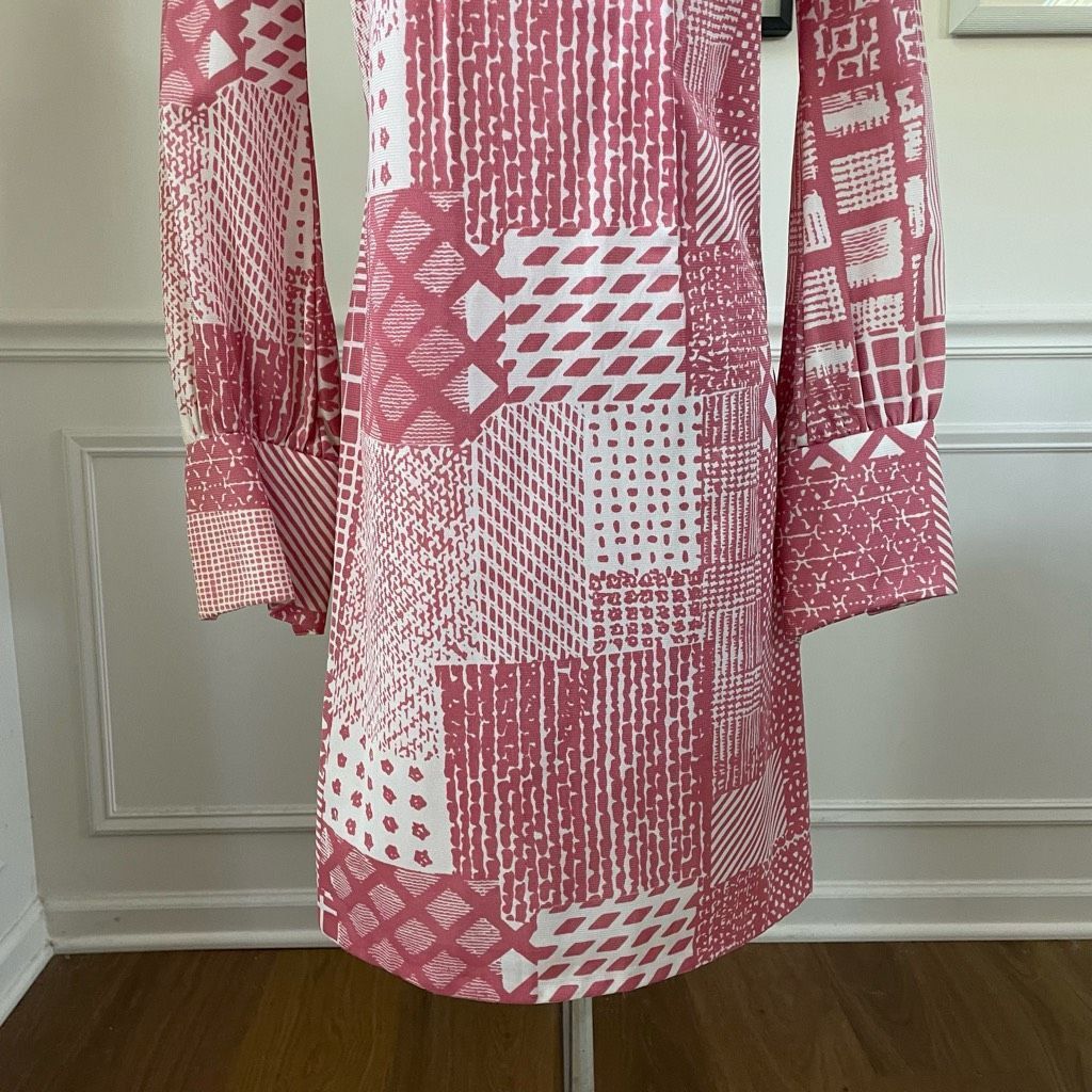 Vintage 70s Mauve Pink White Retro Print Shift Dress Scarf X
