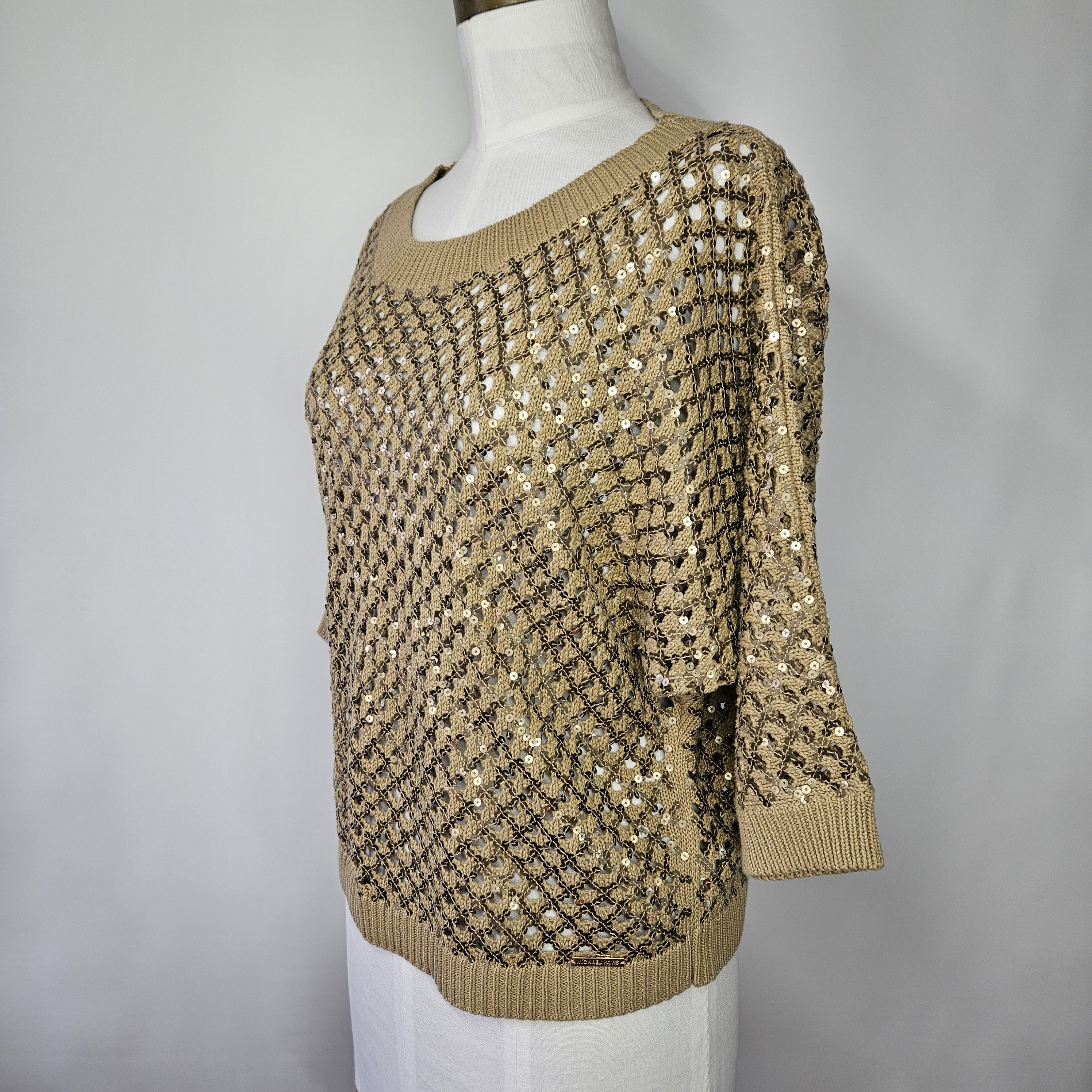 Michael Kors Michael Kors Size L NEW Sweater Cotton Gold Open Knit Sequin Size L / US 10 / IT 46 - 2 Thumbnail