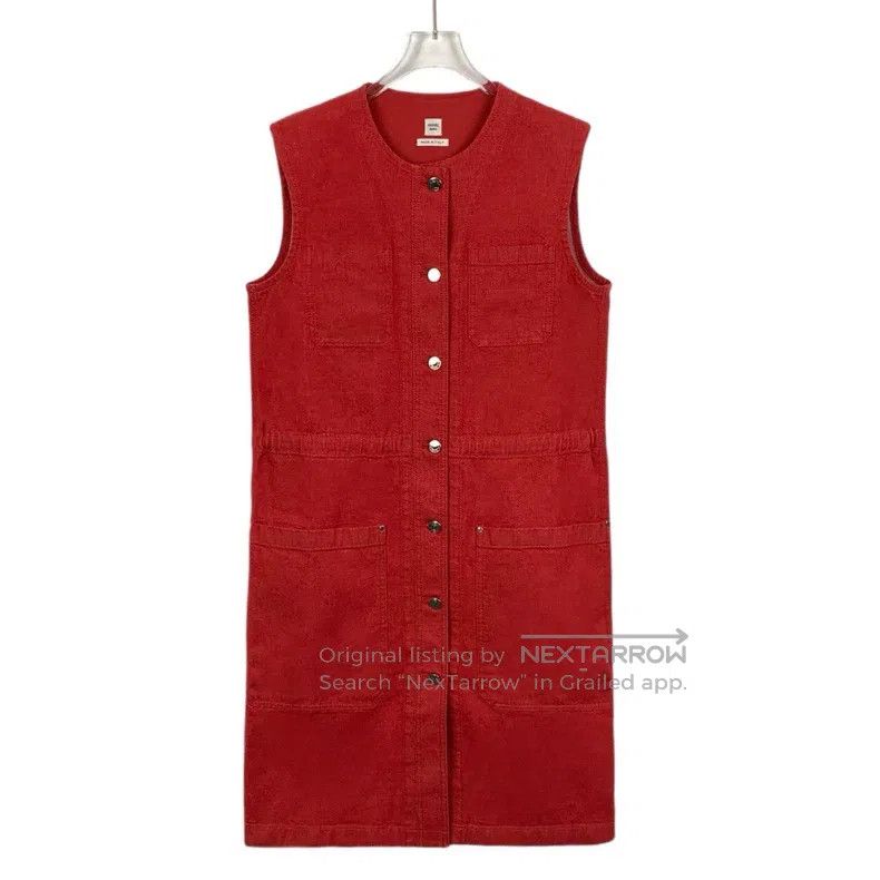 Hermes Red Cotton Sleeveless Single Button Round Collar De