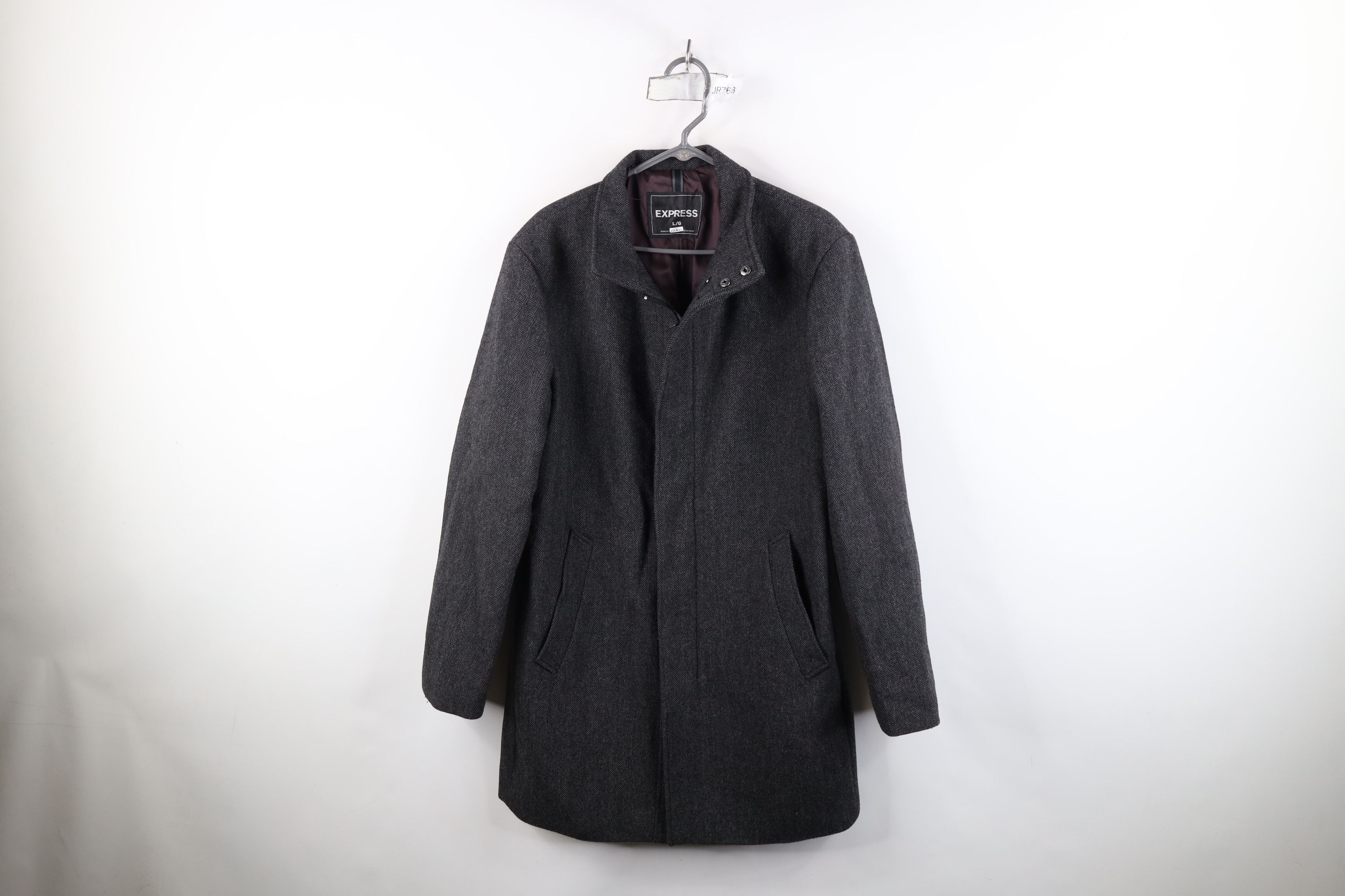 Express Express Herringbone Full Zip Overcoat Trench Jacket Gray Size US L / EU 52-54 / 3 - 1 Thumbnail