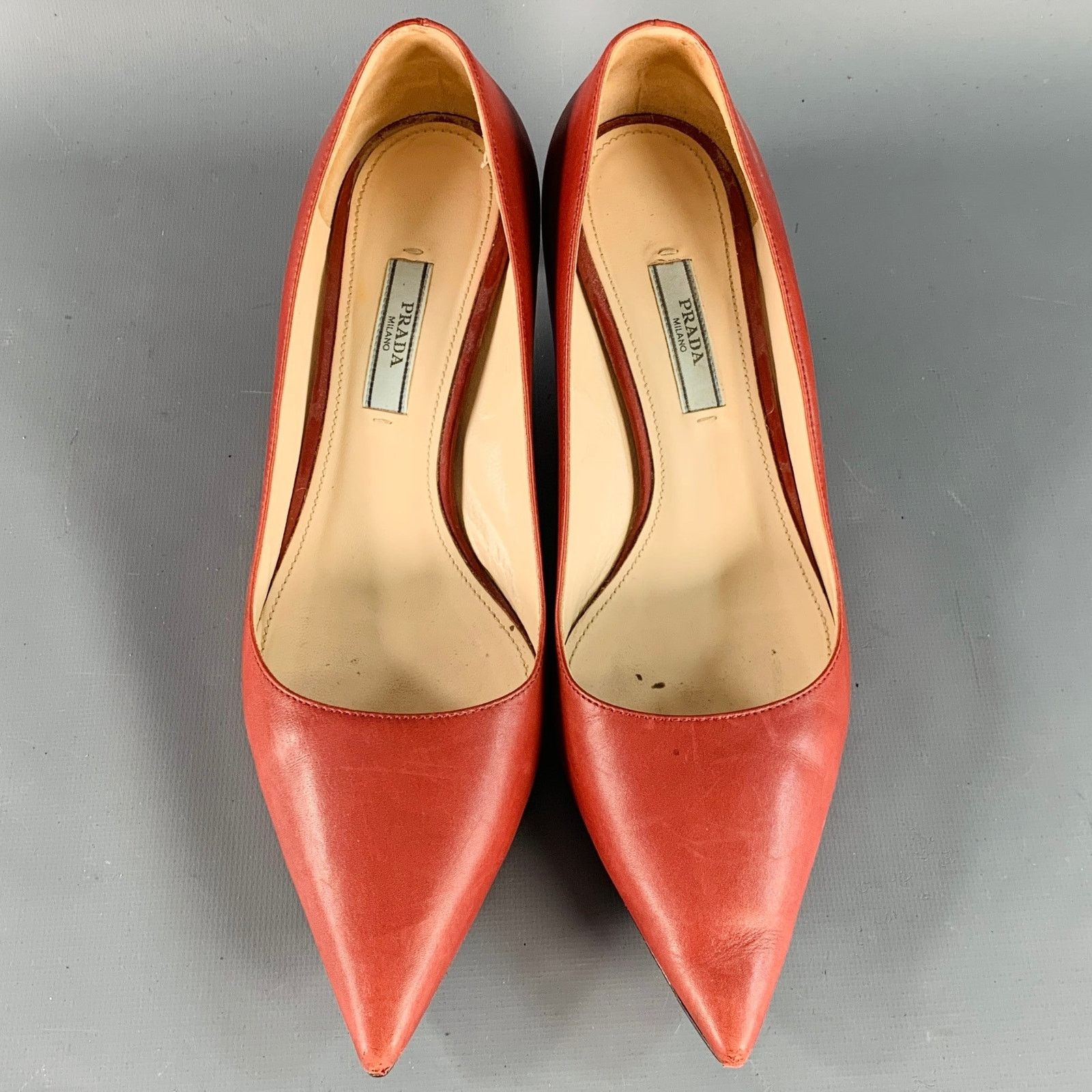 Prada PRADA Size 8 Red Leather Kitten Heel Pointed Toe Pumps Size US 8 / IT 38 - 4 Thumbnail