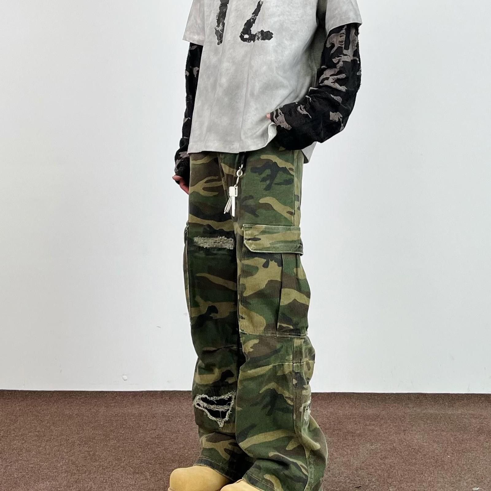 Camo Distressed Cargo Stacked Pants, Wide Leg Flared Pants