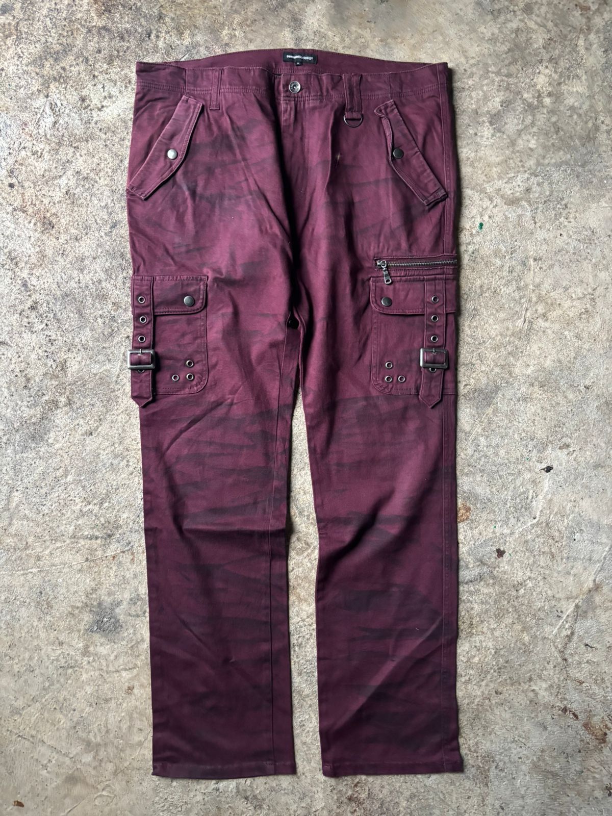 Japanese Brand 2000s Semantic Design Japan Red Wine Washed Cargo Pants Size US 37 - 1 Thumbnail