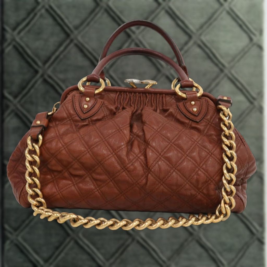 Marc Jacobs Stam Purse Satchel Frame Handbag Brown Quilted Leather Chain Strap in White, Women's