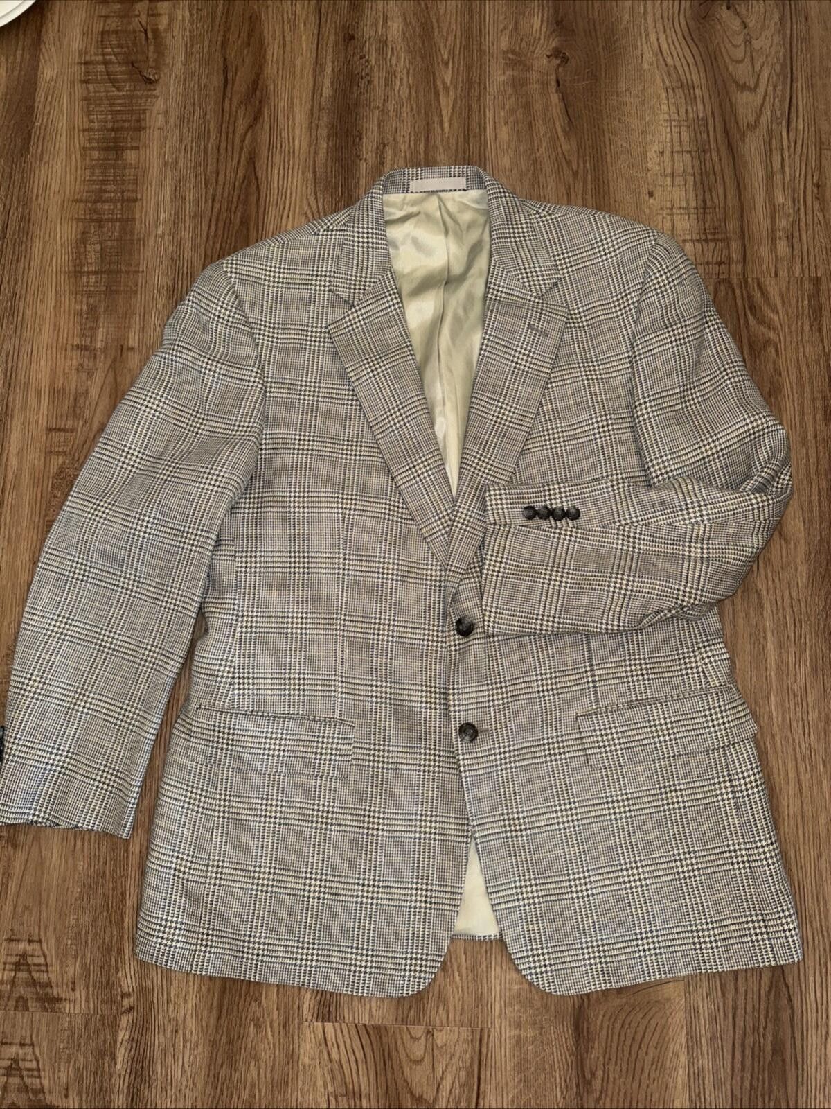 Oliver Peoples Oliver Blazer Mens 44 Tan Blue Plaid Blazer Wool Linen Silk Size 44R - 2 Thumbnail