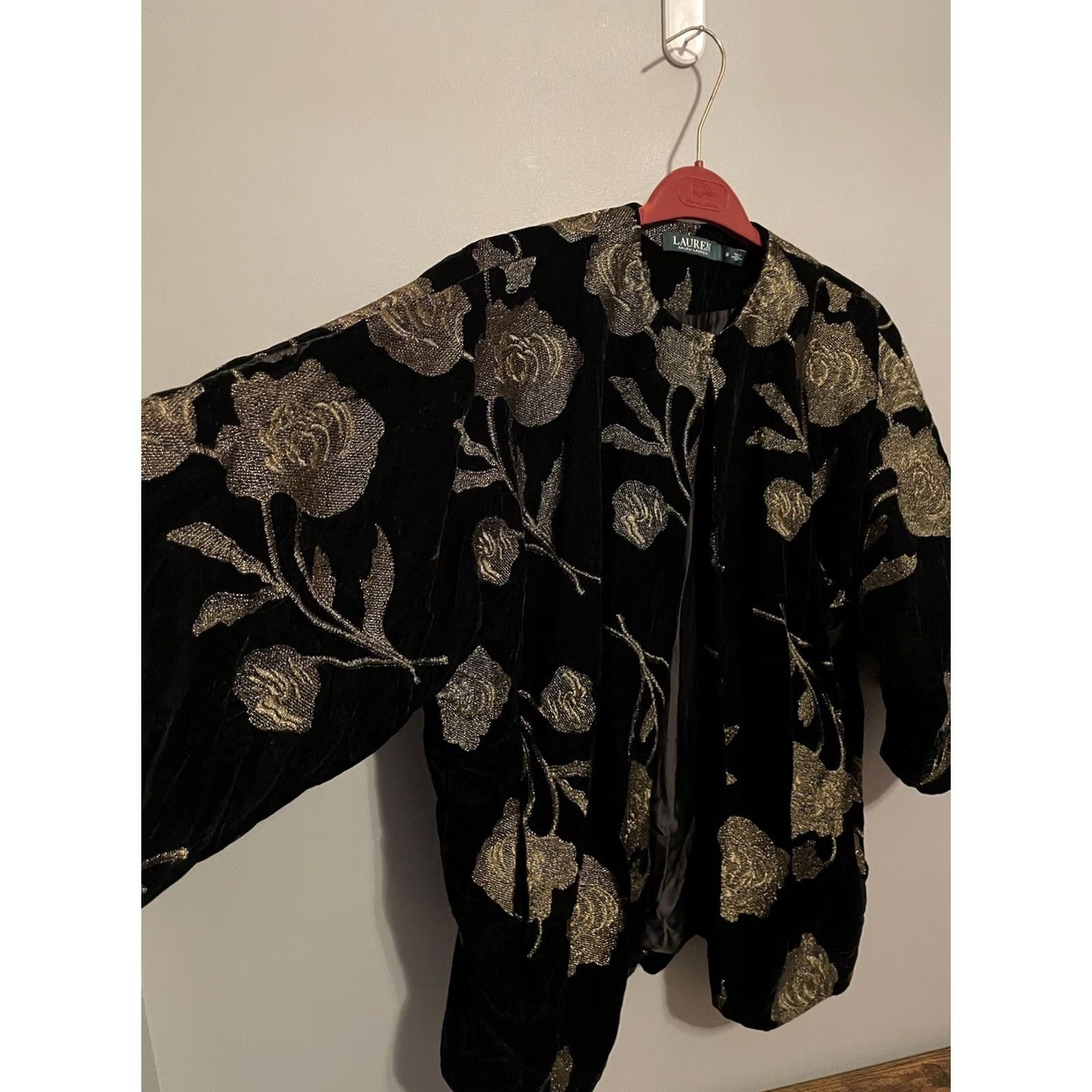 Ralph Lauren VINTAGE LAUREN RALPH LAUREN Velvet Gold Roses Open Jacket Blazer Kimono Women S (F216) Size S / US 4 / IT 40 - 3 Thumbnail